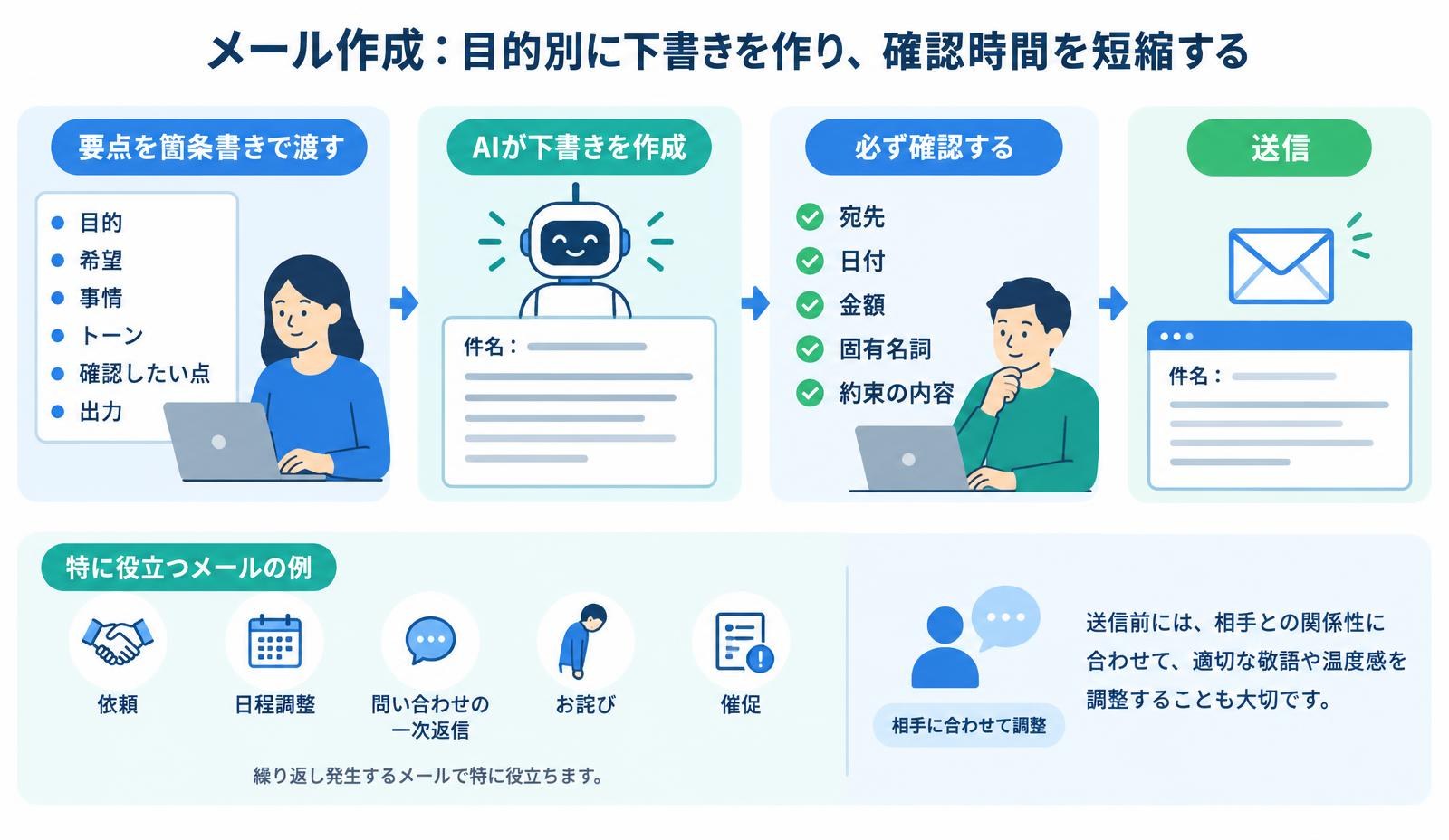 メール作成：目的別に下書きを作り、確認時間を短縮する