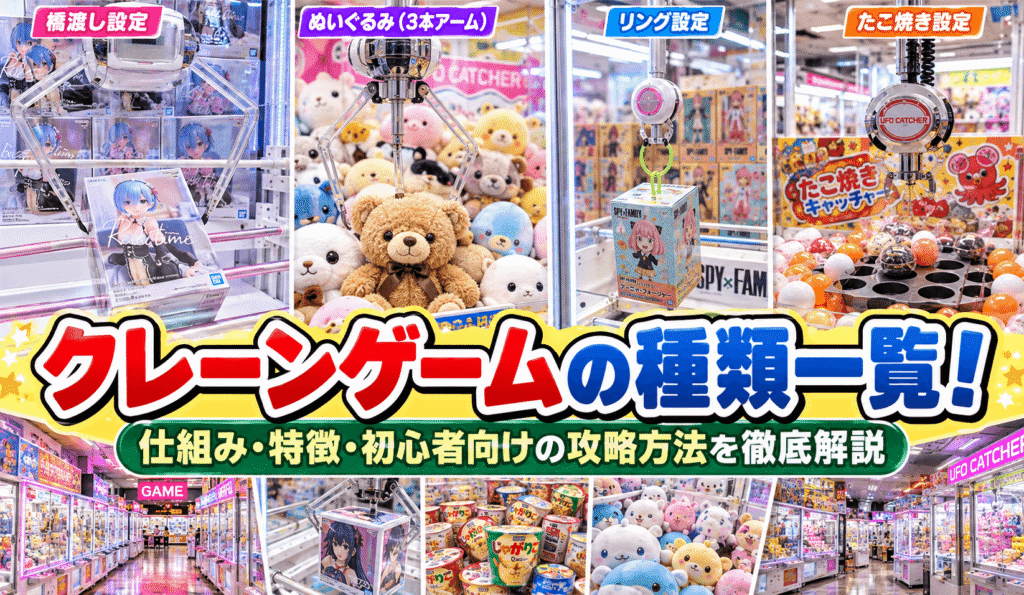 クレーンゲームの種類一覧!仕組み・特徴・初心者向けの攻略方法を徹底解説