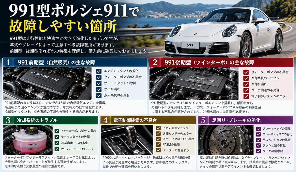 991型ポルシェ911で故障しやすい箇所