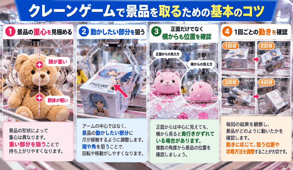 クレーンゲームで景品を取るための基本のコツ